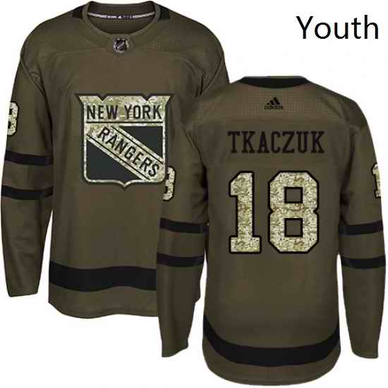 Youth Adidas New York Rangers 18 Walt Tkaczuk Authentic Green Salute to Service NHL Jersey